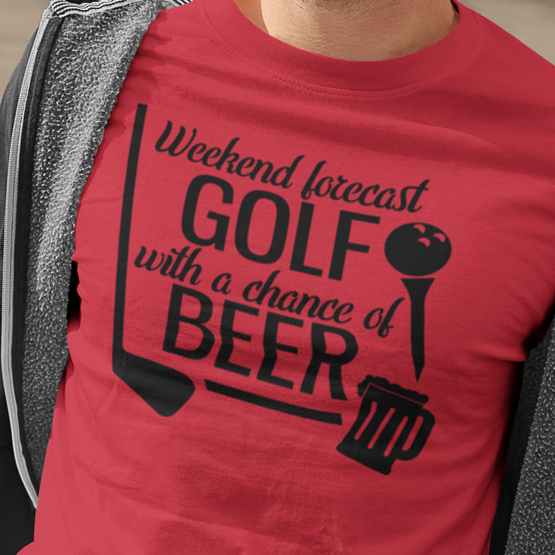 Men's red crew-neck T-shirt with Weekend forecast golf beer graphic