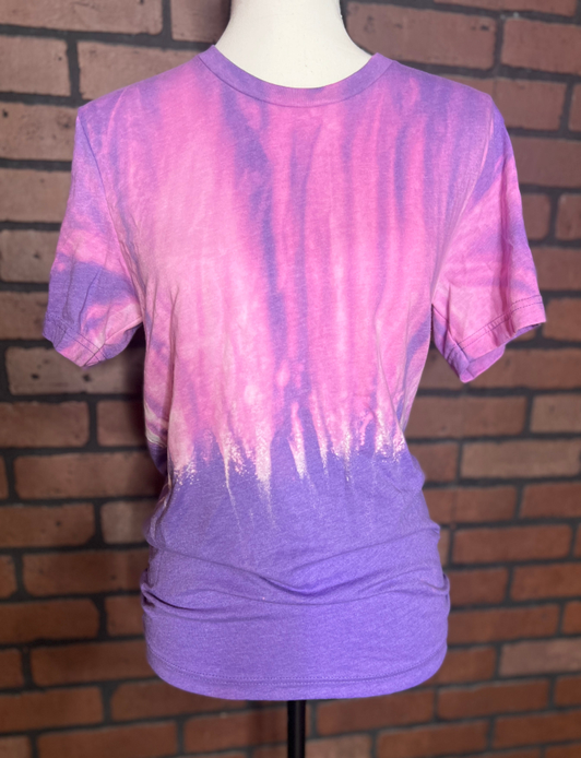 Purple short-sleeve bleached drip T-shirt, crew neck