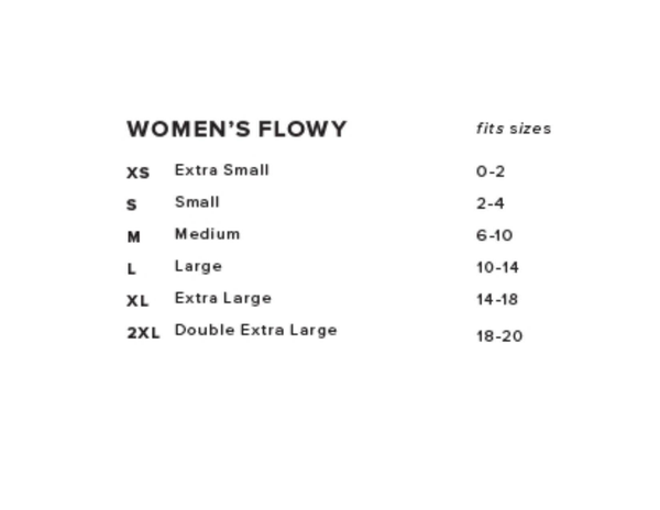 Women's flowy tank top size chart with XS–2XL fit ranges