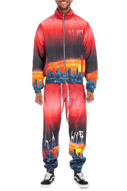 Men’s windbreak suit with red-to-black city skyline print, zip jacket and matching pants