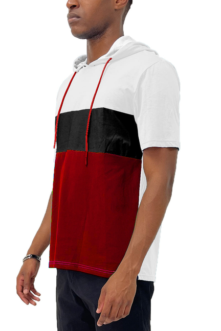 Color-block hooded tee shirt with white top, black panel, red hem; short sleeves