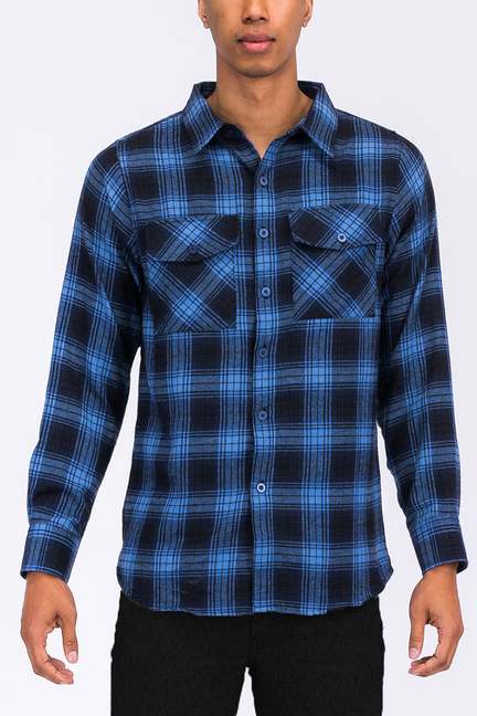 Men's navy-blue flannel button-up shirt with long sleeves, plaid pattern, chest pockets