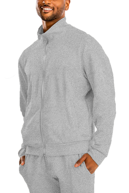 Men's solid gray track jacket with full front zipper and stand collar
