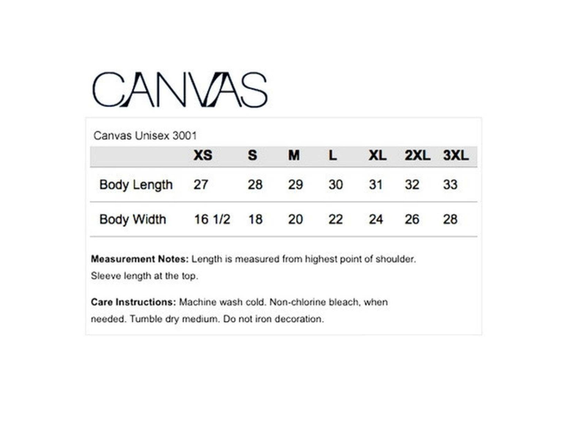 Unisex T-shirt size chart for Canvas Unisex 3001 (XS–3XL) with body length/width