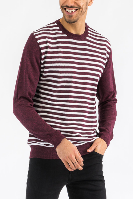Burgundy and white striped crewneck sweater with long sleeves and ribbed hem