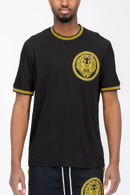 Black T-shirt with gold lion head front print and matching trim at collar and sleeves