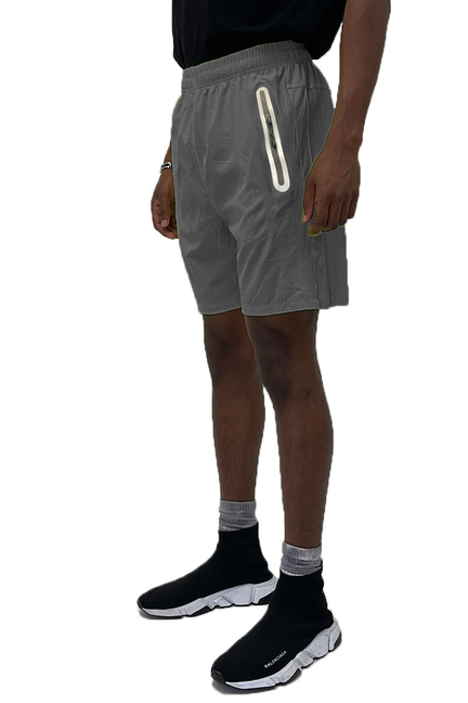 Dark grey performance running shorts with elastic waist and side stripe detail
