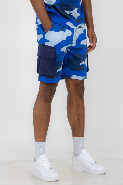 Blue camouflage toggle shorts with front pocket and drawcord waist
