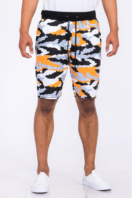 Orange camo sweat shorts with elastic drawstring waistband, above-knee length.