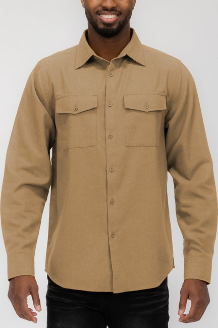 Men's khaki flannel button-up shirt with two flap chest pockets