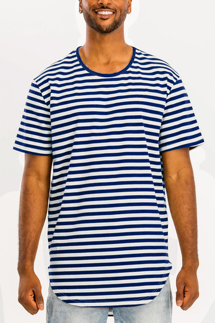 Edwin striped tee, navy and white horizontal stripes, crew neck, short sleeves.