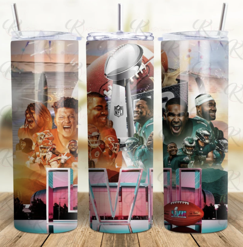 Clear stainless steel tumbler with colorful sports graphic, lid and straw