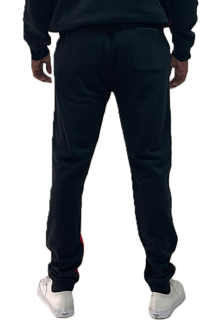 Black sweatpants with front pockets and elastic ankle cuffs, drawstring waist