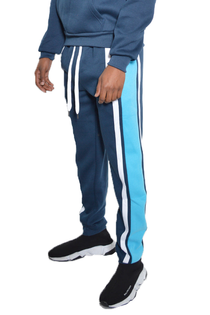 Navy cotton sweat pants with light blue and white vertical stripe panels