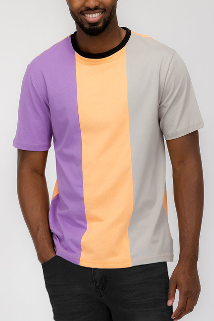 Color-block T-shirt with lilac, orange, and light gray panels