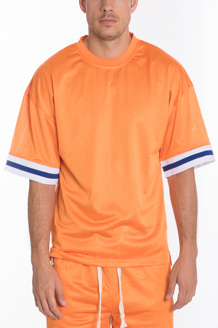 Orange mesh jersey shirt with white and navy striped cuffs