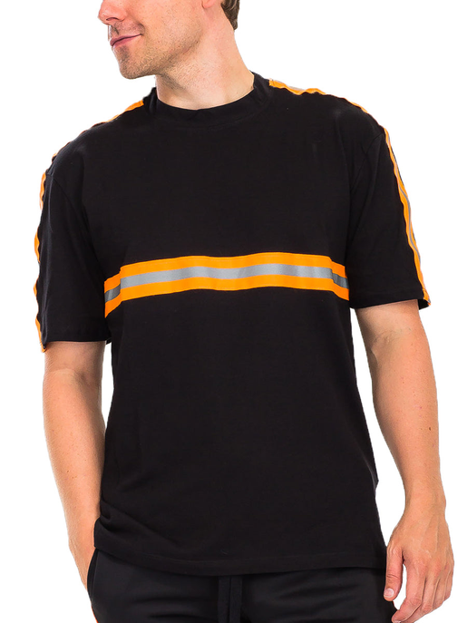 Black short-sleeve tee with orange reflective stripe across chest