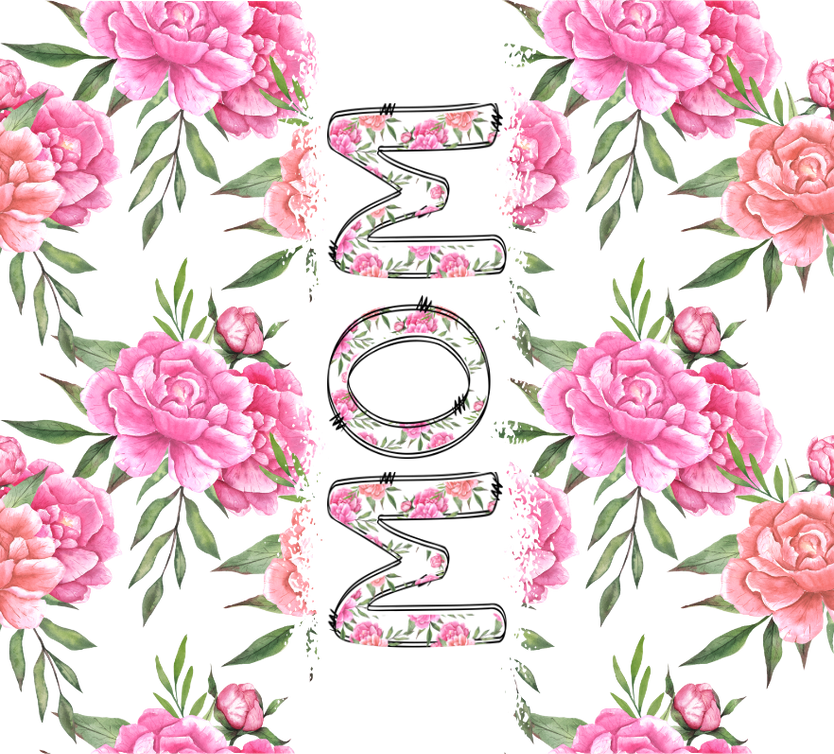 Pink peony floral tumbler graphic with green leaves pattern