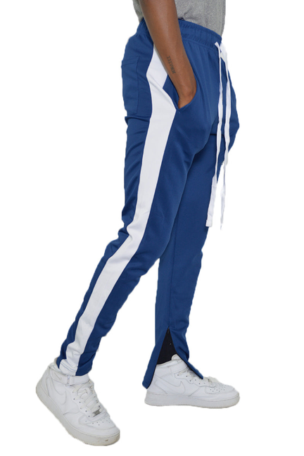 Slim fit track pants in dark blue with white side stripe and drawstring waist
