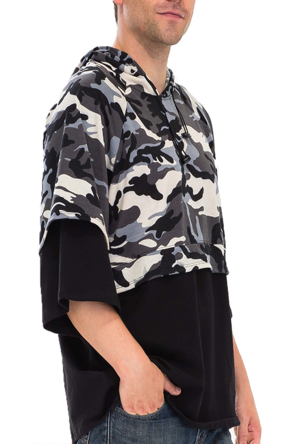 Black and white camouflage French terry hoodie with drawstring and front pocket