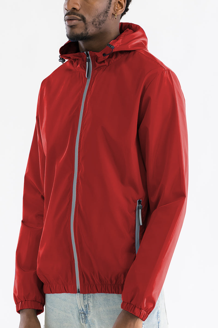 Red reflective zipper windbreaker with front zip and stand collar