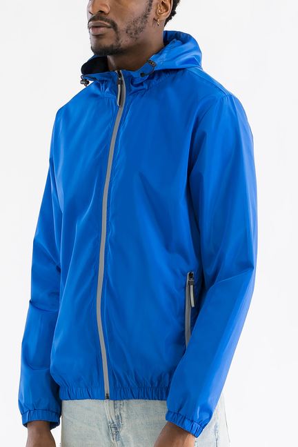 Royal blue hooded windbreaker with reflective front zipper and elastic cuffs