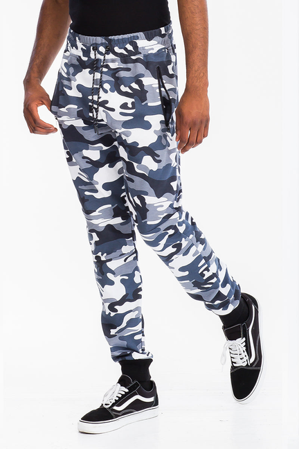 Men's heathered cotton sweatpants with grey camo print, elastic waistband, drawstring