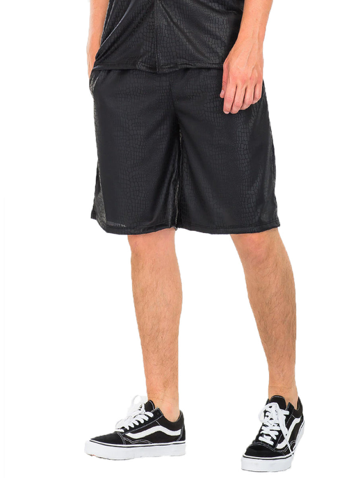 Embossed leather-look black shorts with elastic waist and side pockets