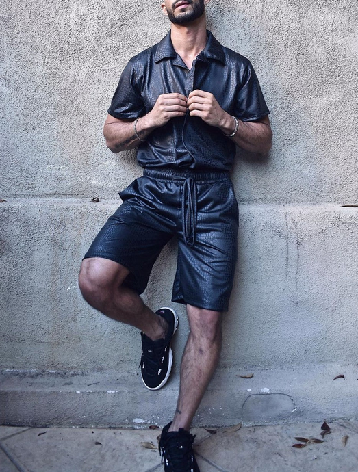 Embossed leather-look black shirt and shorts set with drawstring waist