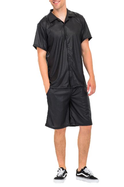 Embossed leather-look black short-sleeve shirt and shorts set
