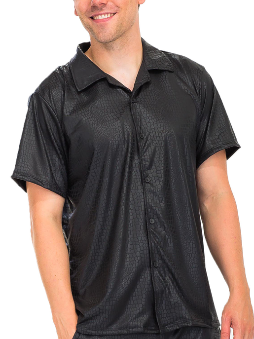 Embossed leather-look black short-sleeve button-up shirt with spread collar