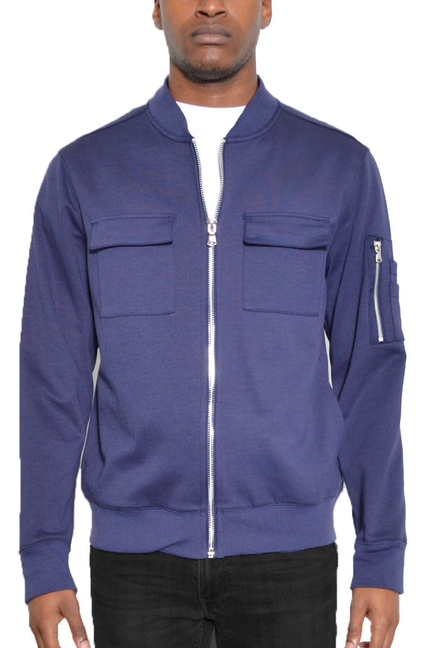 Navy pocket bomber jacket, front zip, chest pockets, sleeve pocket detail
