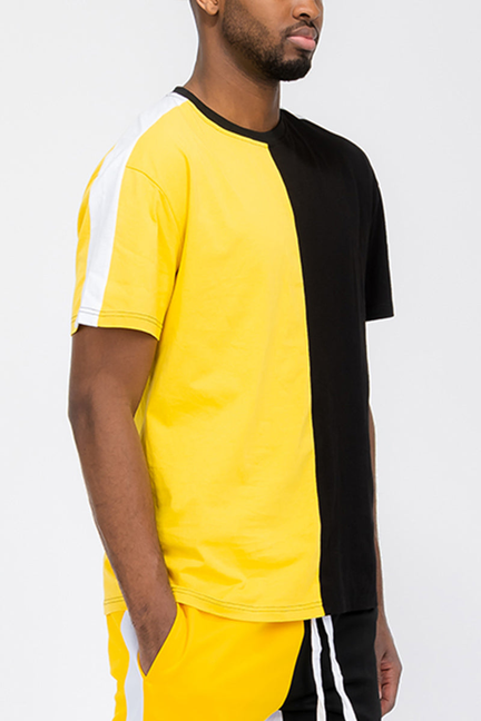 Two-way split T-shirt in yellow and black with contrasting stripe on sleeve