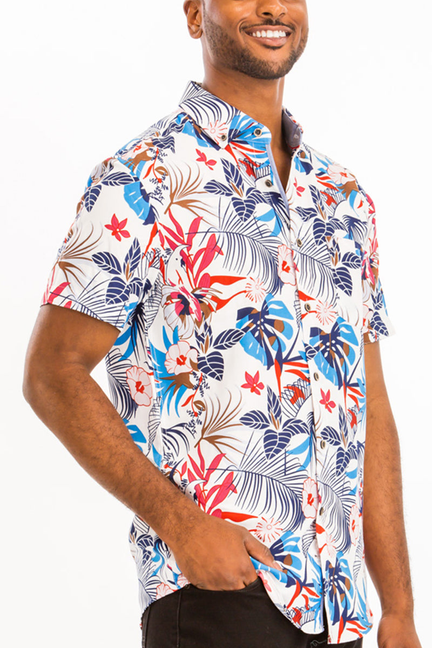 Hawaiian print shirt, short-sleeve button-up with tropical floral and leaf pattern
