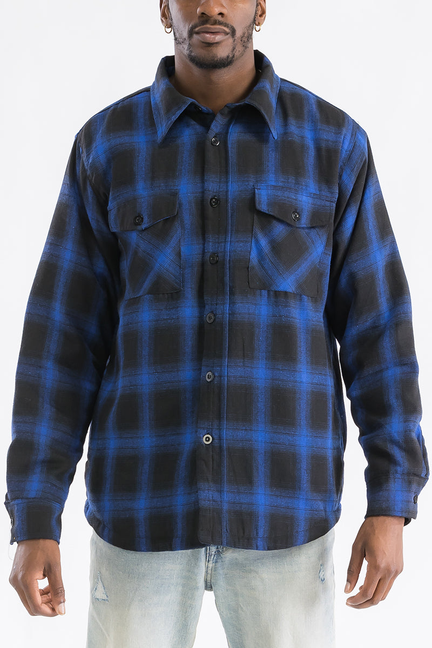 Quilted flannel plaid button-up shirt with chest pockets, long sleeves, blue