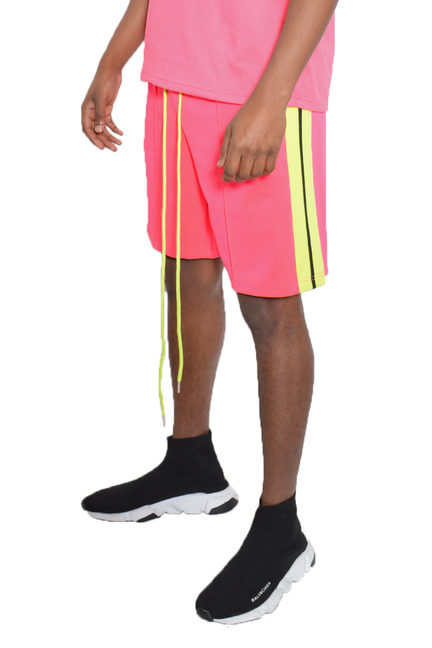 Pink front pleat shorts with vertical lime stripe trim, knee length
