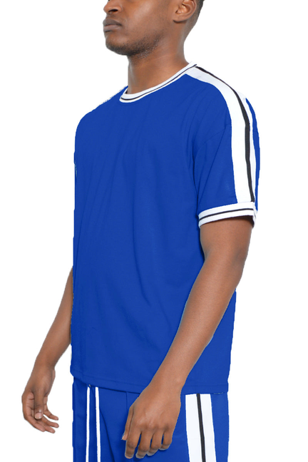 Royal blue T-shirt with white side stripe panels and striped crew collar