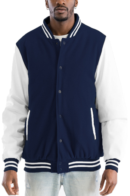 Navy letterman jacket with white sleeves, snap front, ribbed collar, striped cuffs