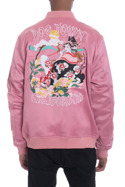Pink Dogtown bomber jacket with back embroidery graphic and ribbed hem and cuffs