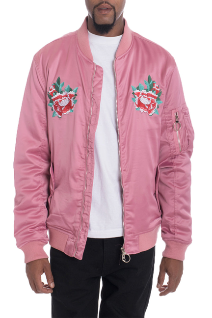 Pink Dogtown bomber jacket with front zipper and colorful rose embroidery on chest