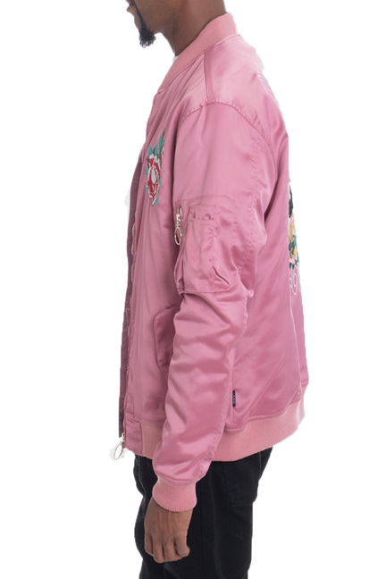 Dogtown bomber jacket in pink with colorful embroidered sleeve artwork and ribbed cuffs