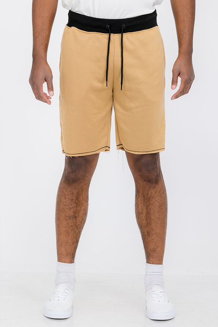 Raw City khaki sweat shorts with drawstring waist and black trim