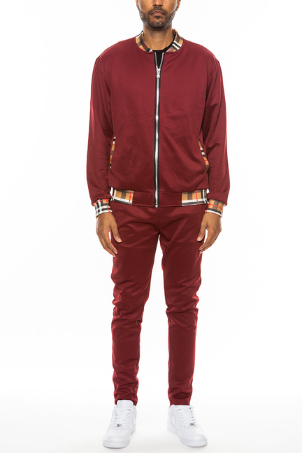 Checkered Detail Track Jacket Set - BURGUNDY / 1 / 3XL - Unisex Fashion