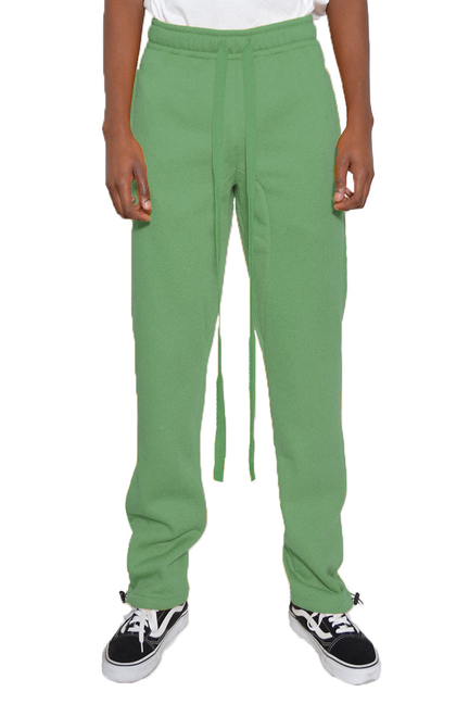 Green cotton fleece sweatpants with drawstring waist and adjustable ankle toggles