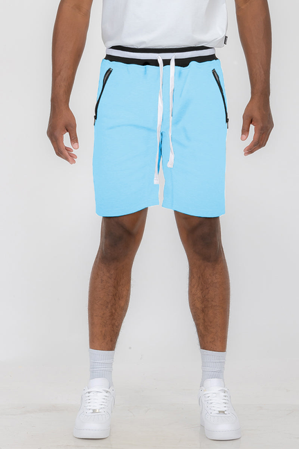 Light blue French terry shorts with drawstring waist and side pockets