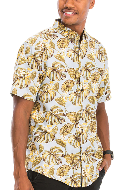 Men's tropical leaf print short-sleeve button-up shirt, cream with gold accents