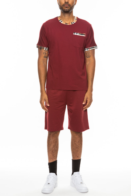 Burgundy checkered-detail T-shirt and short set with crew neck and pocket
