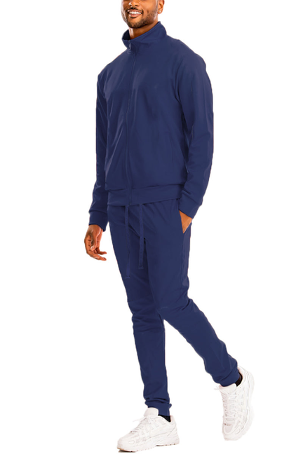 Navy solid tracksuit set with zip jacket and matching tapered jogger pants