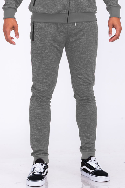 Grey speckled performance joggers with drawstring waist, side pockets, tapered legs