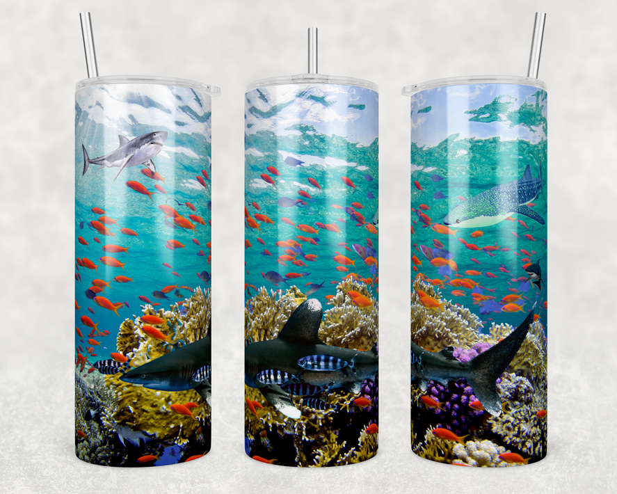 Ocean-themed printed stainless steel tumbler with two straws and lid